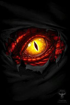 an eyeball is shown in the middle of a dark background with red and yellow colors