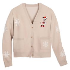 a cardigan sweater with mickey mouse embroidered on the front and snowflakes on the back