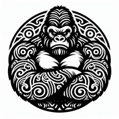 an orangutan in the center of a circular design with swirls on it