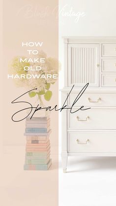 a white dresser sitting next to a stack of books