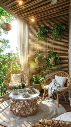 an outdoor living area with wicker furniture and plants