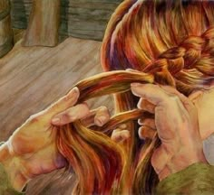 a painting of a woman with long hair braiding her hair into a pony tail