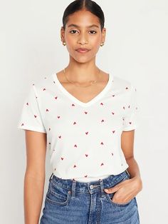 EveryWear V-Neck Printed T-Shirt for Women | Old Navy Trendy V-neck T-shirt With Graphic Print, Casual Cotton V-neck T-shirt, Casual White V-neck Top, White V-neck Casual Top, Spring Cotton V-neck T-shirt, Relaxed Fit V-neck Graphic Tee, Striped Cotton V-neck T-shirt, Spring V-neck Graphic Tee, Casual White V-neck Short Sleeve Top