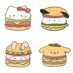 four different kinds of hamburgers with hello kitty on top and other foods in the middle