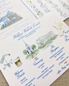 two wedding programs with watercolor drawings on them