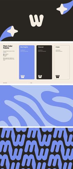 several different types of business cards with blue and black designs on them, including the letter w