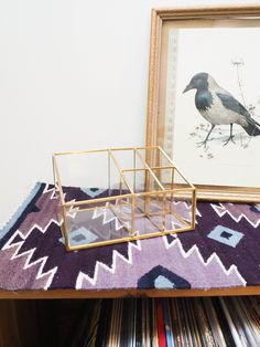 a bird sitting on top of a purple rug next to a wooden frame with a painting