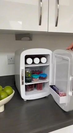 restock my mini fridge with me! Mini Fridge In Bedroom Aesthetic, Mini Fridge In Bedroom, Fridge Organized, Minimalist Kitchen Decor, Tiny Fridge, Stackable Bins, Small Fridges, Keep It Clean