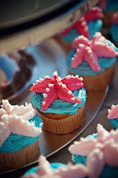 cupcakes with blue frosting and pink starfish decorations on a metal tray