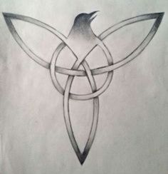 a drawing of a bird sitting on top of a celtic knot with an arrow in the middle