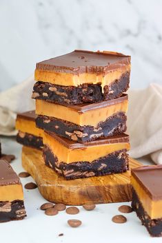 chocolate and peanut butter brownies stacked on top of each other