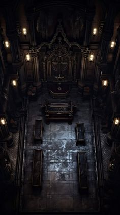 an overhead view of a church with benches and lights