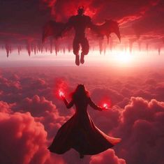 a woman standing in the clouds with her arms outstretched, holding two glowing red lights