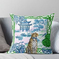 Super soft and durable 100% spun polyester Throw pillow with double-sided print. Cover and filled options. Leopard and topiary in blue and white chinoiserie landscape, gouache and markers Pillow Covers Amazon, Landscape Gouache, Chinoiserie Pillow Covers, Chinoiserie Pillow, Blue And White Chinoiserie, Mopeds, A Pillow, Scooters, Pillow Design