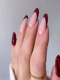 30 Amazing Burgundy Nail Designs That You'll Love – May the Ray Wedding Nails For Bridesmaids Burgundy, Burgundy And Silver French Tip Nails, Nails To Go With A Maroon Dress, Burgundy Accent Nails, Merlot French Tip Nails, Burgundy Nails For Fall, Burgundy And Silver Nails Acrylic, Maroon Bridal Nails, Burgundy Nails Winter