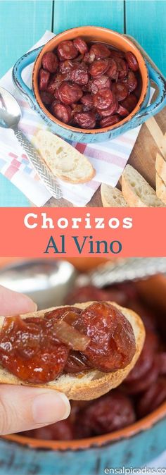 a hand holding a piece of bread with some food in it and the words chorizos al vino