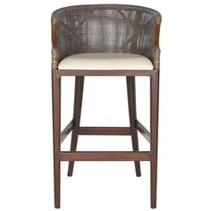 a brown bar stool with a white seat and back rest on a white background the chair is upholstered in wicker