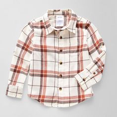 Keep him cozy and stylish in this Okie Dokie toddler and little boys' long-sleeve flannel shirt featuring a classic plaid design that's perfect for everyday adventures. It's made from 100% cotton for a regular-fit and has a point collar, a chest slip pocket, and a button-down front. Closure Type: ButtonFit: Regular FitNeckline: Collar NeckPockets: 1 Chest Slip PocketSleeve Length: Long SleeveSleeve Style: Fitted SleeveFiber Content: 100% CottonFabric Description: WovenFilling Content: 100% Cotto White Cotton Flannel Shirt For Fall, White Collared Flannel Shirt For Fall, White Long Sleeve Flannel Shirt For Winter, White Long Sleeve Cotton Flannel Shirt, White Cotton Long Sleeve Flannel Shirt, Baby Boy Flannel Shirt, Kids Plaid Shirt, Kids Red Flannel Shirt, Brown Button-up Flannel Shirt With Pockets