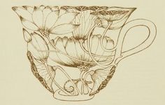 a drawing of a coffee cup with flowers in the bottom and leaves on the inside