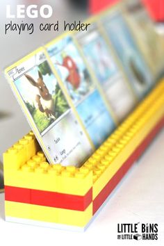 a lego playing card holder made out of legos