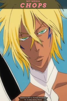 an anime character with blonde hair and blue eyes, holding a knife in his hand