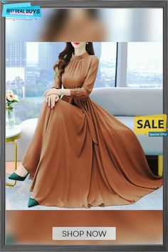 Women‘s Formal Party Dress Swing Dress Long Dress Maxi Dress Green Black Purple Long Sleeve Pure Color Lace Up Winter Fall Autumn Stand Collar Winter Dress Fall Dress S M L Xl Xxl 3xl 4xl Brown Flowy A-line Dress, Non-stretch Brown Winter Dress, Solid Color Maxi Length Dresses For Fall, Brown Pleated Party Dress, Elegant Non-stretch Chiffon Dress, Pleated Brown Maxi Dress For Party, Brown Chiffon Dress For Fall, Flowy Brown Midi Dress For Party, Flowy Brown Party Dress