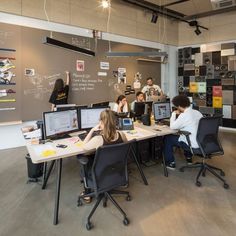 a group of people sitting at desks in front of computer monitors and laptops