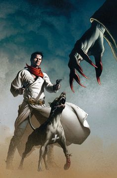 a man riding on the back of a white horse next to a giant black bird