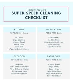 the super speed cleaning checklist is shown in blue and white, with text overlaying