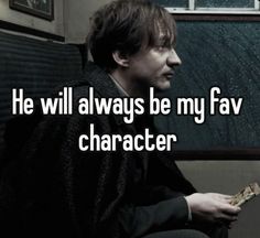 a person sitting on a train with the words he will always be my fav character