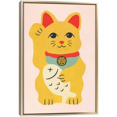 a yellow cat with chinese writing on it's chest