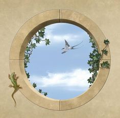 an image of a bird flying in the sky through a round window