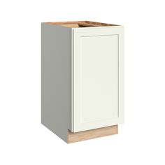 an image of a white cabinet with wood trim on the door and drawer drawers in front