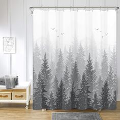 Mountain Grey and White Misty Forest Shower Curtain 72 x 72 inch Grey And Green Curtains, Gray Shower Curtain, Grey Shower Curtain, Forest Shower Curtain, Curtains For Bathroom, Gray Shower Curtains, Tree Fabric, Bathroom Shower Curtain Sets, Bath Store