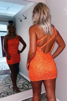 Magdalene Oragne Short Bodycon One Shoulder Sequins Homecoming Dress | KissProm One Shoulder Homecoming Dress, Tight Homecoming Dress, Bodycon Dress Homecoming, Sequin Homecoming Dress, Beaded Party Dress, Mini Homecoming Dresses, Homecoming Dresses Tight, Short Party Dress, Short Homecoming Dress