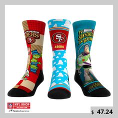 Show off your San Francisco 49ers pride with these Toy Story crew socks from Rock Em Socks. This pack includes three pairs that feature vibrant sublimated graphics of your favorite characters from the beloved animated film. Each pair boasts breathable construction with a form-fitting band and padded soles to ensure a comfortable fit that will have you saying "To infinity... and beyond!" all season long. Christian Mccaffrey, Sock Toys, Toy Story 3, Digital Camo, To Infinity And Beyond, Wristlet Wallet, Mini Purse, San Francisco 49ers, Kids Hats