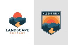 two logos for landscaping company with mountains and trees