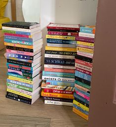 a stack of books sitting on top of a wooden floor