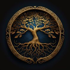 the golden tree of life is in a circular frame on a black background with gold filigrees