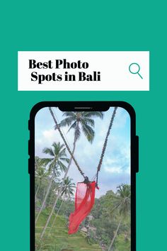 the best photo spots in bali book cover with palm trees and red fabric hanging from it