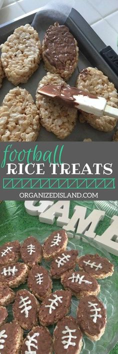 some cookies are sitting on a tray and one is decorated with football treats, the other has rice krispies