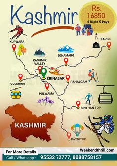 the map of kashmir is shown with many places to go and what to see