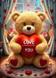 a teddy bear holding a heart with the words love you on it's chest