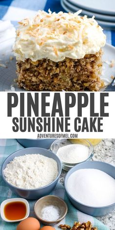 pineapple sunshine cake with white frosting and pecans in bowls on the side