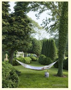 a hammock hanging between two trees in a garden