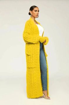 Yellow Casual Cardigan With Pockets, Casual Yellow Cardigan With Pockets, Yellow Winter Cardigan With Pockets, Maxi Sweater, Winter Knit Sweater, Chique Outfits, Yellow Cardigan, Longline Cardigan, Winter Vest