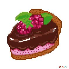 a piece of cake with chocolate frosting and raspberries on top is shown