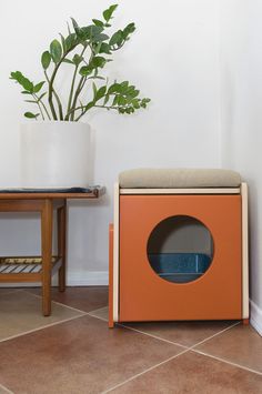 an orange box with a hole in it sitting next to a table and a potted plant