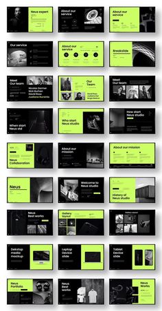 a bunch of black and green business cards with different images on the front, back and side