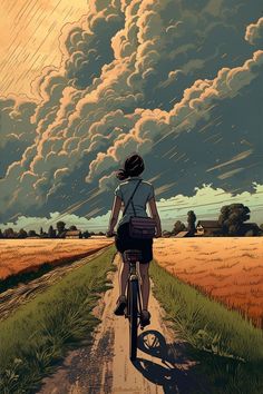 a woman riding a bike down a dirt road next to a field under a cloudy sky